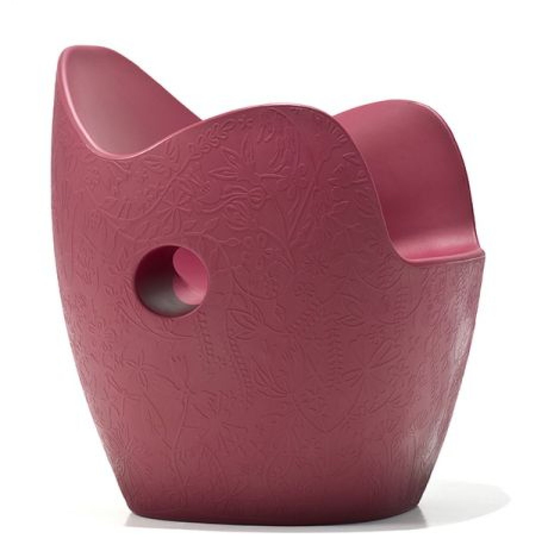 O-Nest Sessel von Moroso, moderner Design-Sessel in Pflaumenfarbe mit floralem Muster und Loch.